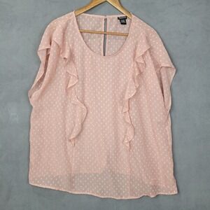Torrid Blouse Top Women's‎ 1 Pink Polka Dot Round Neck Keyhole Back Ruffle Front